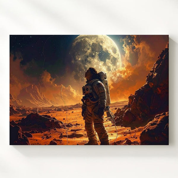 Astronaut Gazing at Glowing Moon Canvas – Alien Planet Landscape - Gifitto