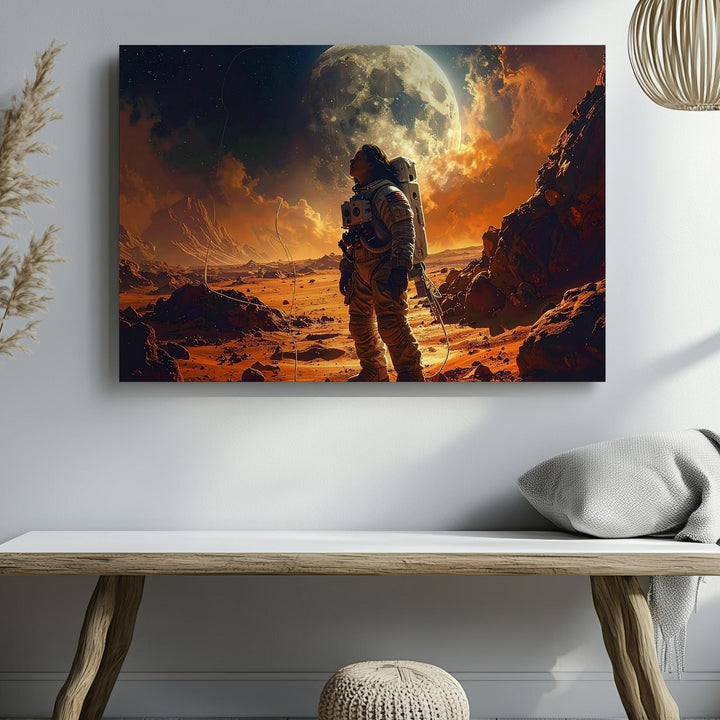 Astronaut Gazing at Glowing Moon Canvas – Alien Planet Landscape - Gifitto