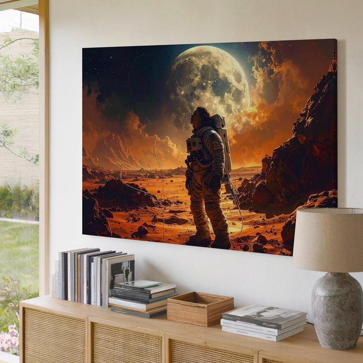 Astronaut Gazing at Glowing Moon Canvas – Alien Planet Landscape - Gifitto