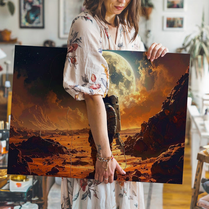 Astronaut Gazing at Glowing Moon Canvas – Alien Planet Landscape - Gifitto