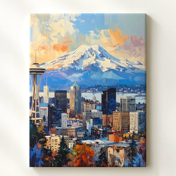 Seattle Skyline Canvas – Space Needle with Mount Rainier in Soft Pastel Sky