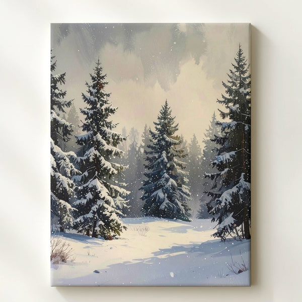 Tranquil Winter Forest Canvas – Snowfall Serenity in Evergreen Woods