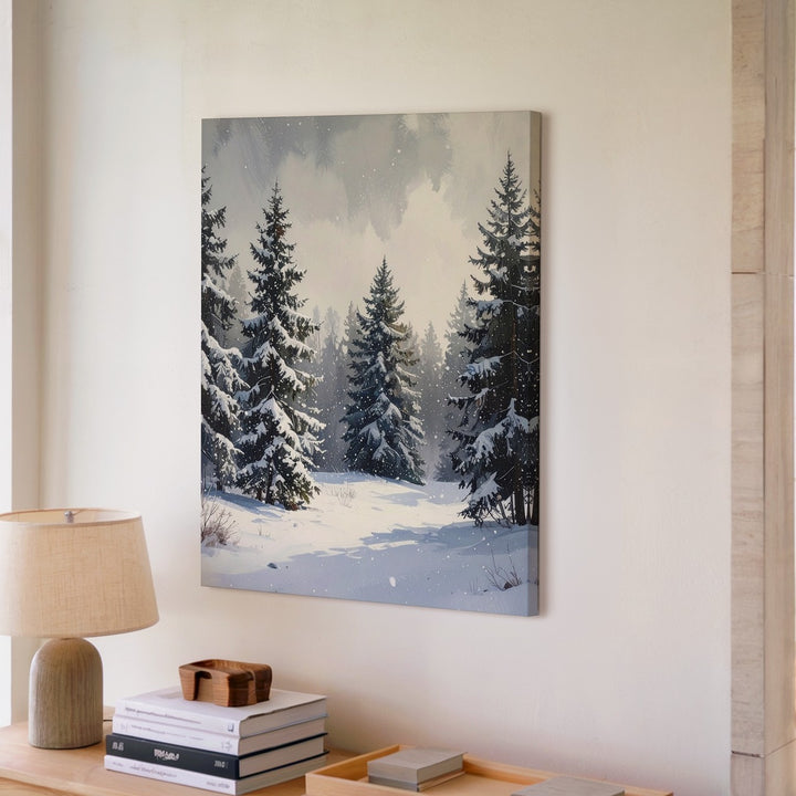 Tranquil Winter Forest Canvas – Snowfall Serenity in Evergreen Woods - Gifitto