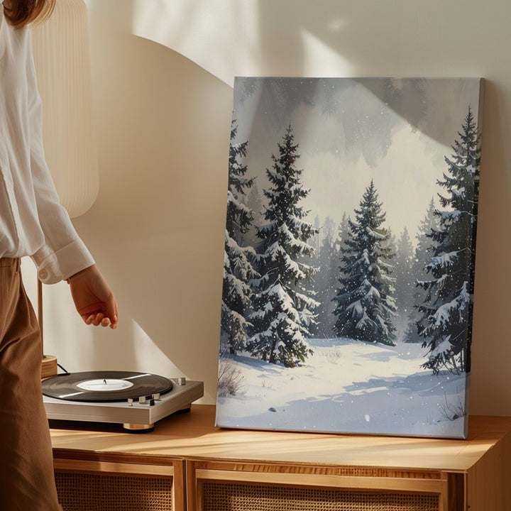 Tranquil Winter Forest Canvas – Snowfall Serenity in Evergreen Woods - Gifitto