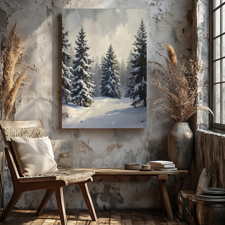 Tranquil Winter Forest Canvas – Snowfall Serenity in Evergreen Woods - Gifitto