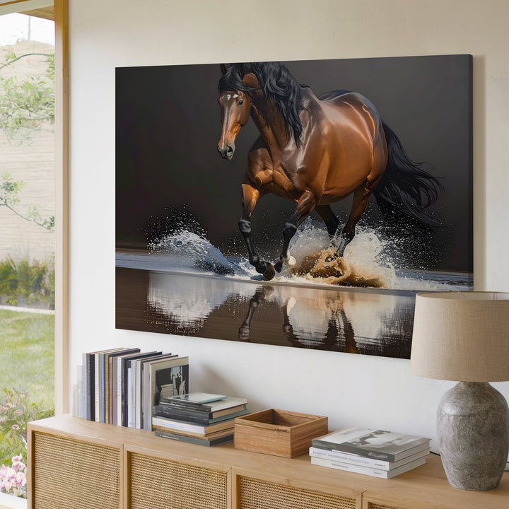 Galloping Stallion Canvas – Photorealistic Equestrian Water Splash Art - Gifitto