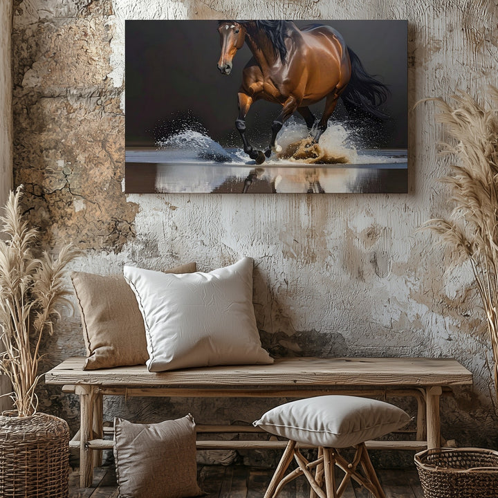 Galloping Stallion Canvas – Photorealistic Equestrian Water Splash Art - Gifitto