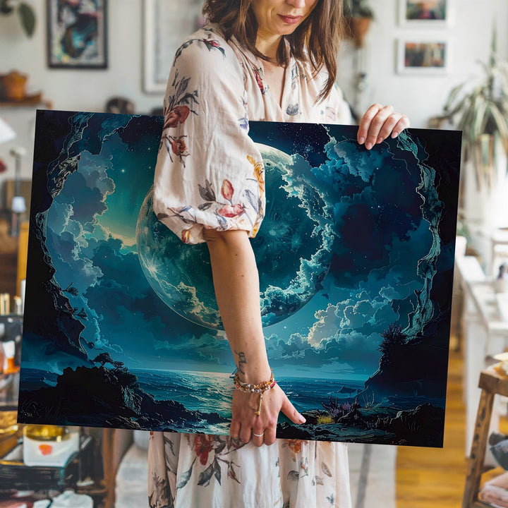 Cosmic Ocean Canvas – Surreal Seascape with Celestial Coral & Glowing Planet - Gifitto