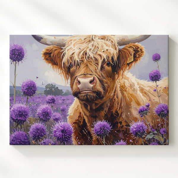 Highland Cow & Thistles Canvas – Whimsical Nature Art - Gifitto