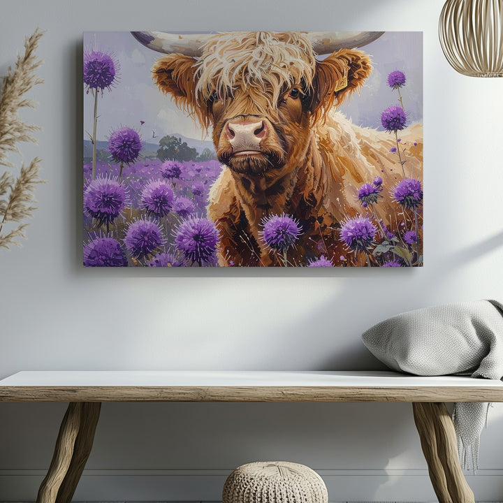 Highland Cow & Thistles Canvas – Whimsical Nature Art - Gifitto