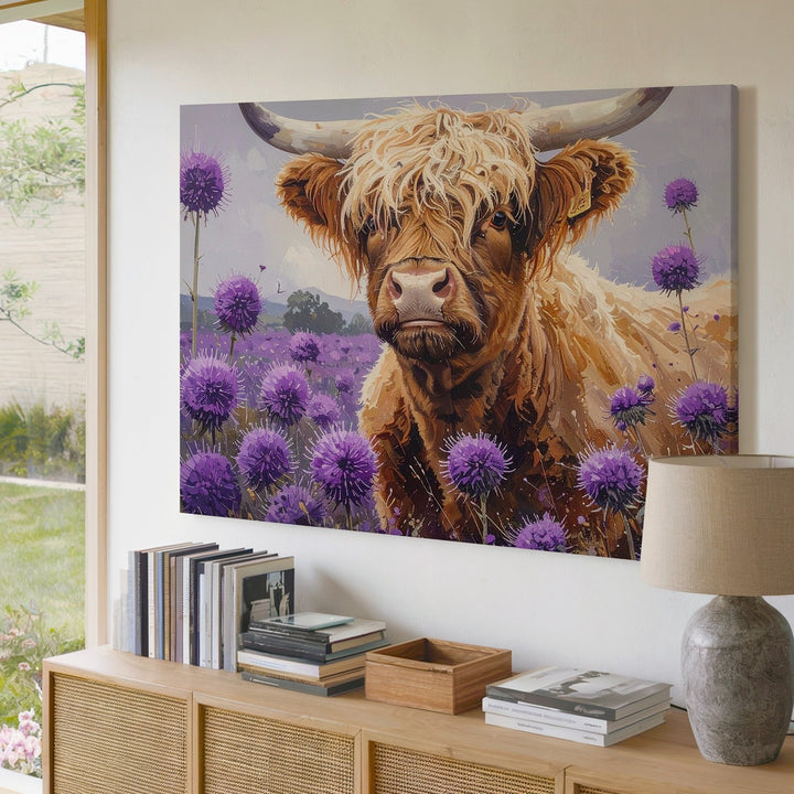 Highland Cow & Thistles Canvas – Whimsical Nature Art - Gifitto