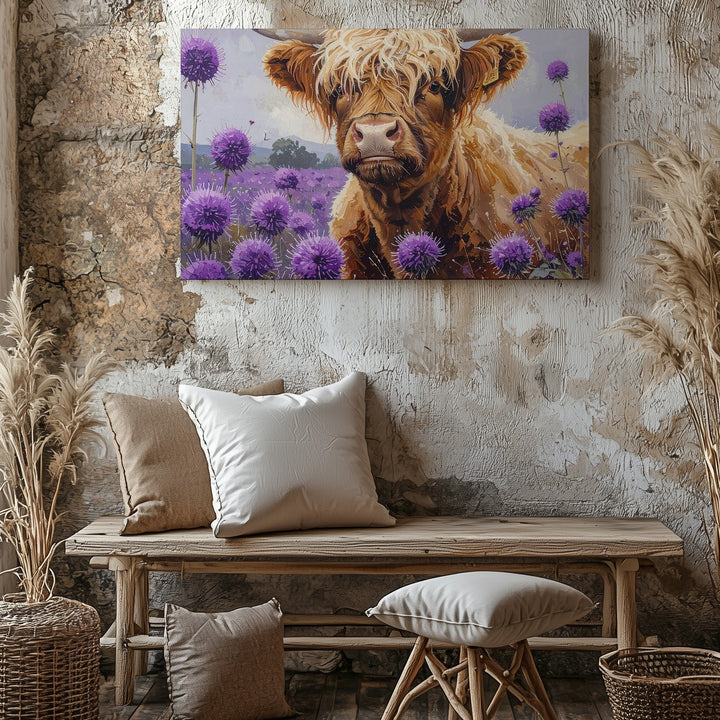 Highland Cow & Thistles Canvas – Whimsical Nature Art - Gifitto