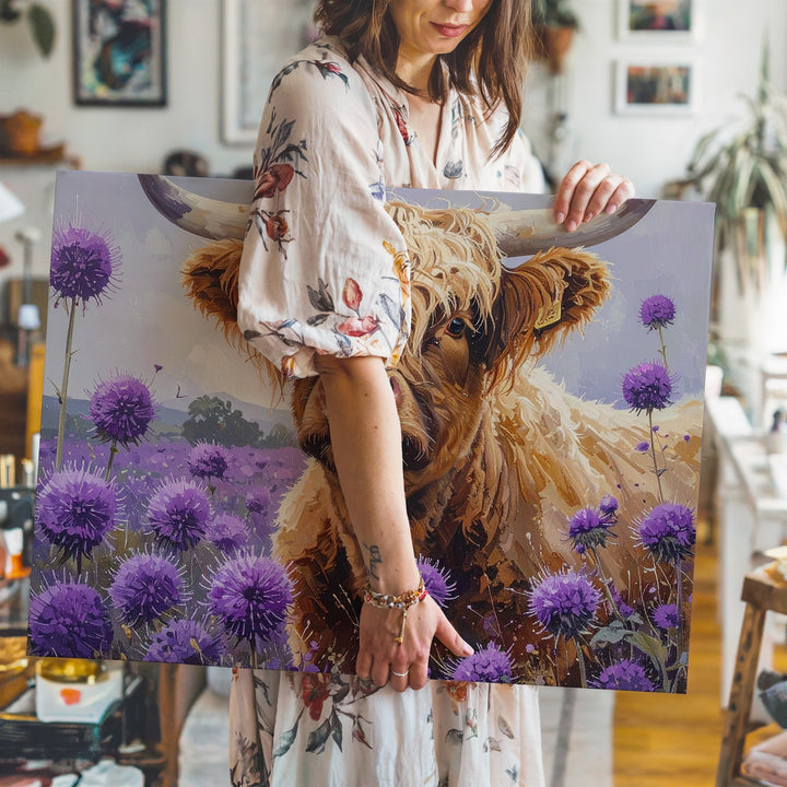 Highland Cow & Thistles Canvas – Whimsical Nature Art - Gifitto