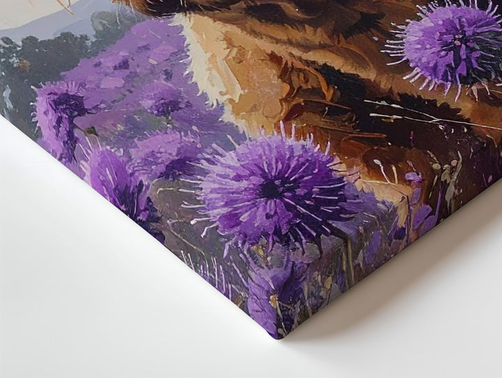 Highland Cow & Thistles Canvas – Whimsical Nature Art - Gifitto