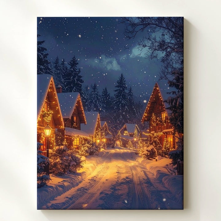 Cozy Winter Village Canvas – Festive Holiday Scene with Snowfall - Gifitto