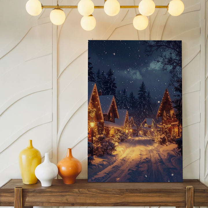 Cozy Winter Village Canvas – Festive Holiday Scene with Snowfall - Gifitto