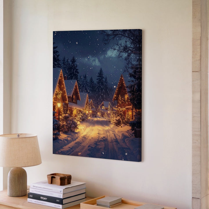 Cozy Winter Village Canvas – Festive Holiday Scene with Snowfall - Gifitto