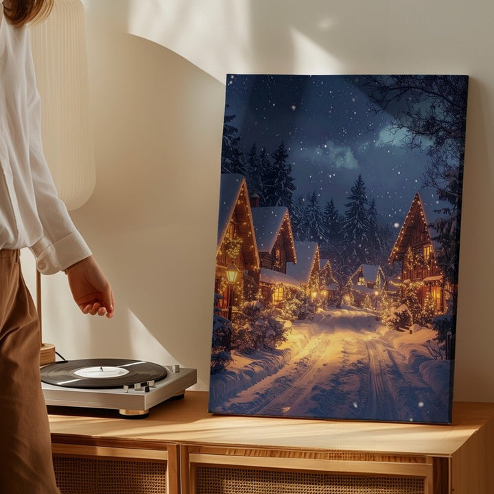 Cozy Winter Village Canvas – Festive Holiday Scene with Snowfall - Gifitto