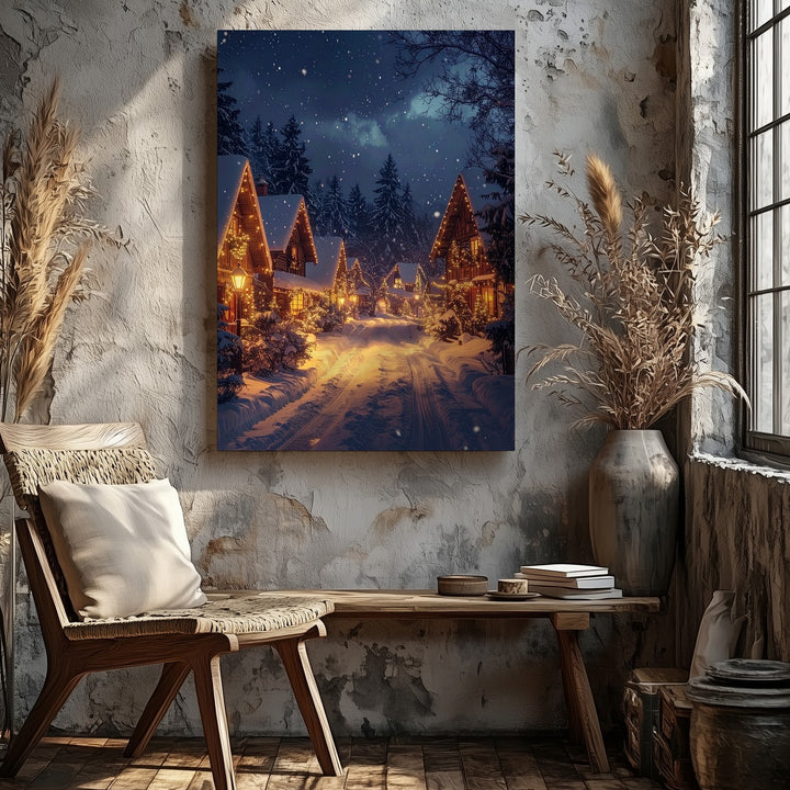 Cozy Winter Village Canvas – Festive Holiday Scene with Snowfall - Gifitto