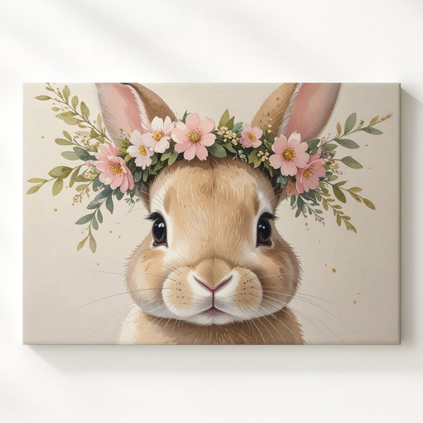 Baby Bunny with Floral Crown Canvas – Cute Whimsical Nature Art - Gifitto