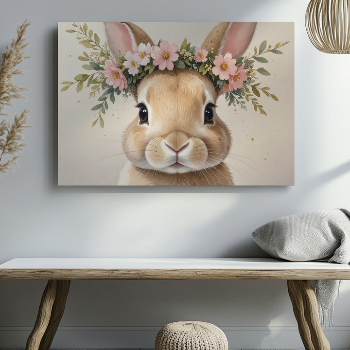 Baby Bunny with Floral Crown Canvas – Cute Whimsical Nature Art - Gifitto