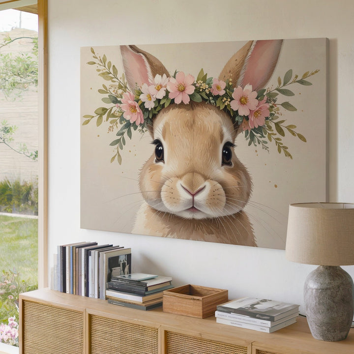 Baby Bunny with Floral Crown Canvas – Cute Whimsical Nature Art - Gifitto