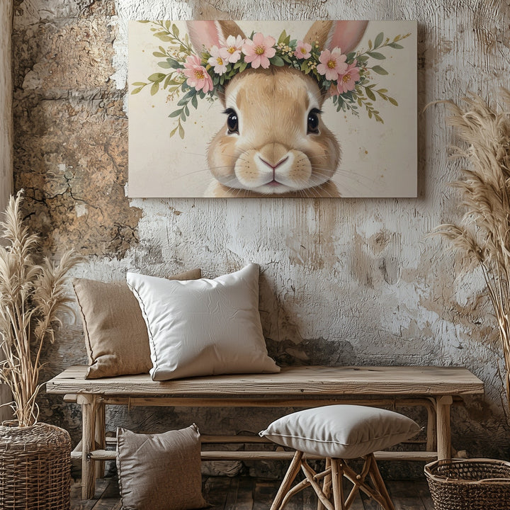 Baby Bunny with Floral Crown Canvas – Cute Whimsical Nature Art - Gifitto