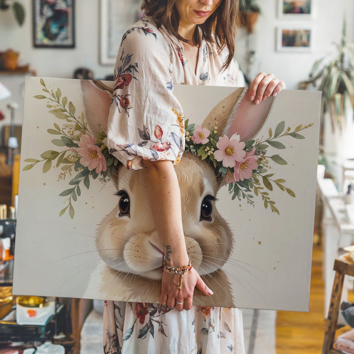 Baby Bunny with Floral Crown Canvas – Cute Whimsical Nature Art - Gifitto