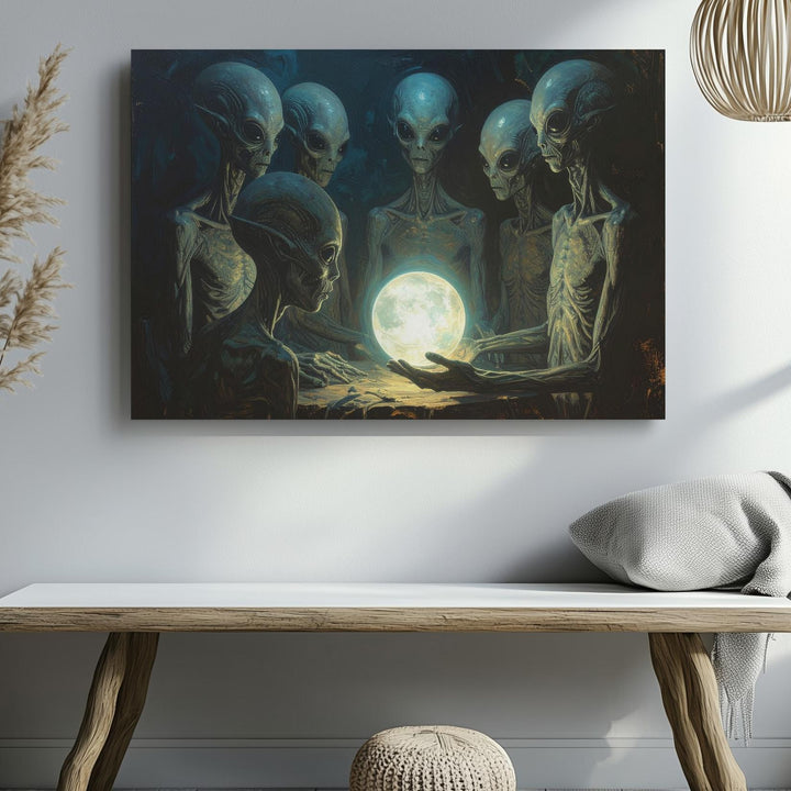 Alien Gathering Canvas – Mysterious Ritual with Glowing Orb - Gifitto