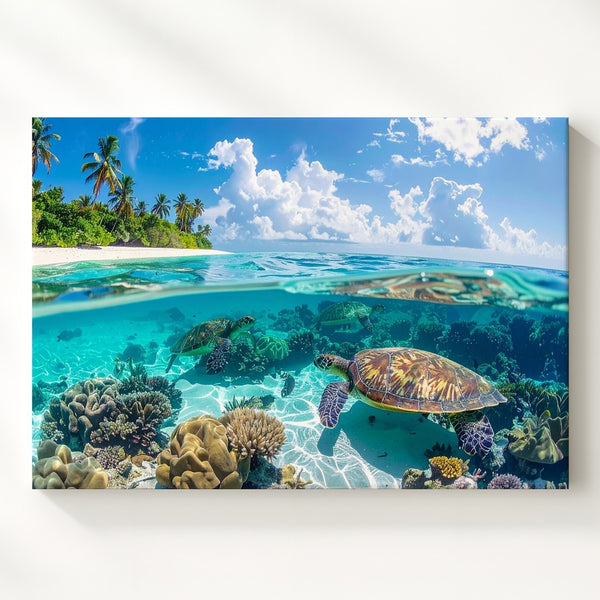 Split-Level Tropical Seascape Canvas – Panoramic Island & Underwater Life Art