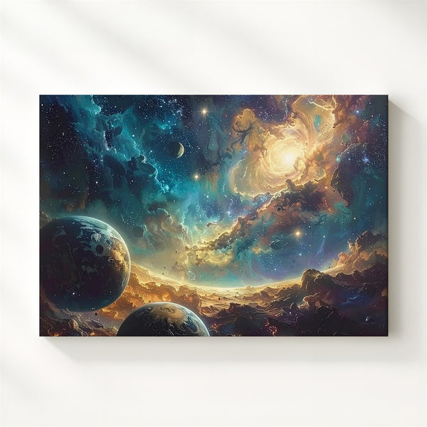 Golden Nebula & Planetary Orbits Canvas – Sci-Fi Space Fantasy Wall Art - Gifitto