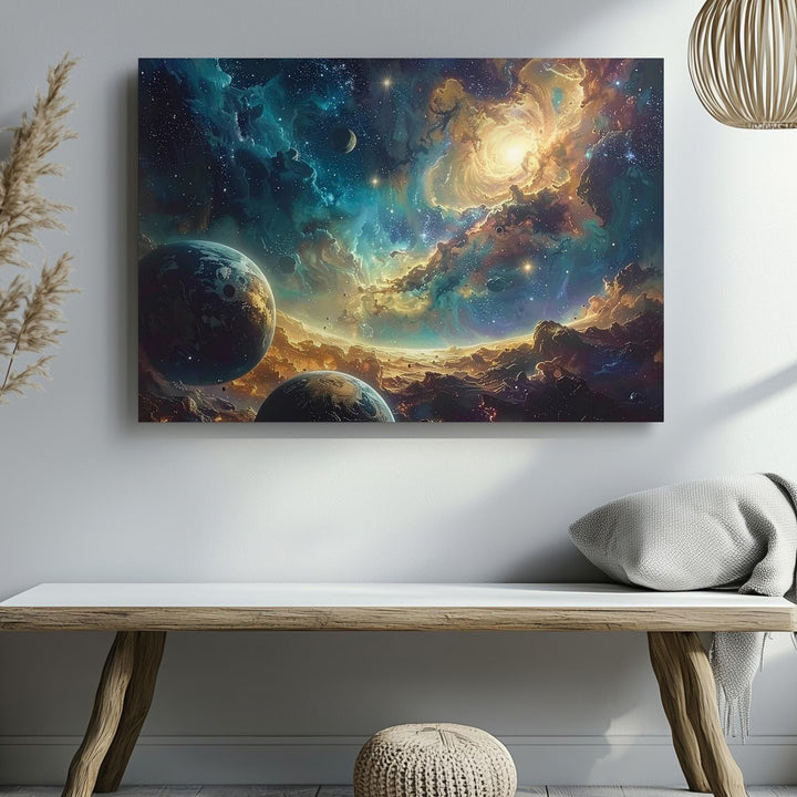 Golden Nebula & Planetary Orbits Canvas – Sci-Fi Space Fantasy Wall Art - Gifitto