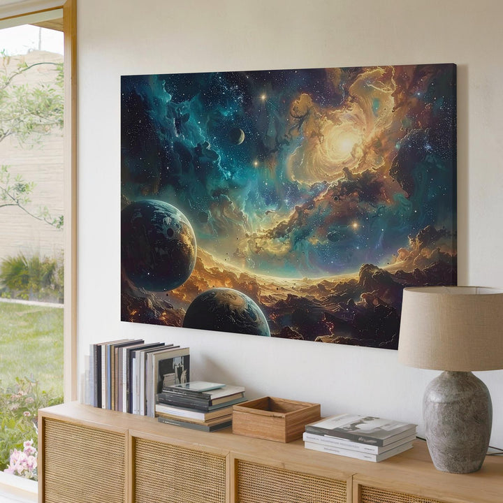 Golden Nebula & Planetary Orbits Canvas – Sci-Fi Space Fantasy Wall Art - Gifitto