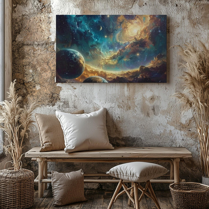 Golden Nebula & Planetary Orbits Canvas – Sci-Fi Space Fantasy Wall Art - Gifitto