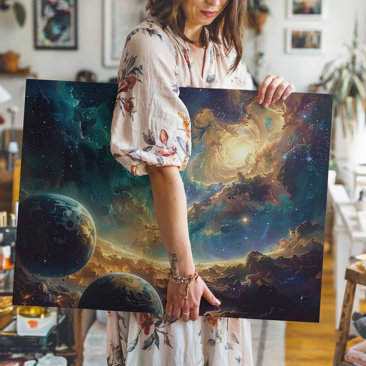 Golden Nebula & Planetary Orbits Canvas – Sci-Fi Space Fantasy Wall Art - Gifitto