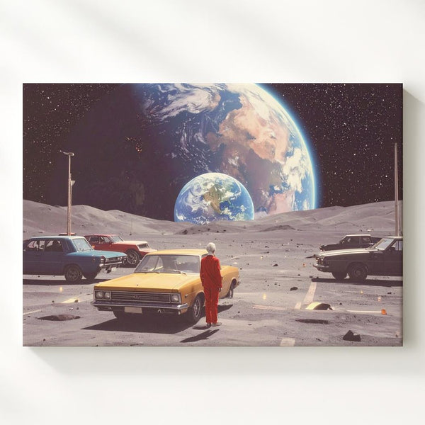 Moonlot Dreams Canvas – Surreal Retro Car Scene with Earthrise - Gifitto
