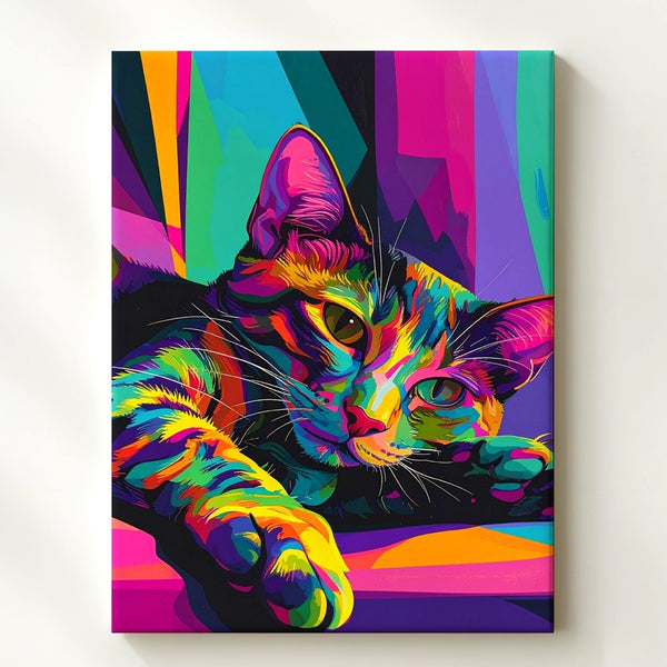 Pop Art Lounge Cat Canvas – Neon Colorful Feline Wall Art - Gifitto