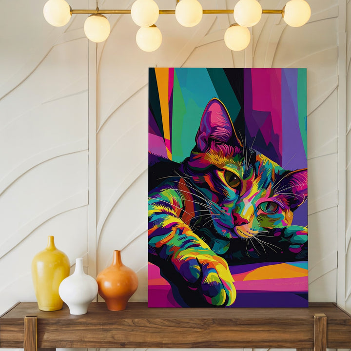 Pop Art Lounge Cat Canvas – Neon Colorful Feline Wall Art - Gifitto