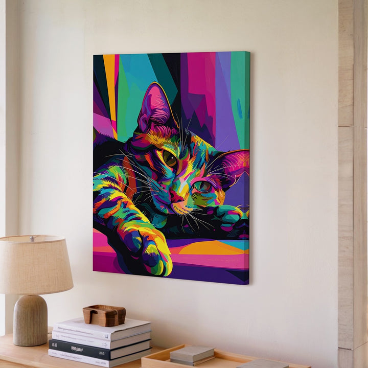 Pop Art Lounge Cat Canvas – Neon Colorful Feline Wall Art - Gifitto