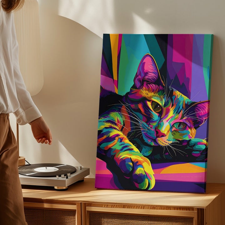 Pop Art Lounge Cat Canvas – Neon Colorful Feline Wall Art - Gifitto