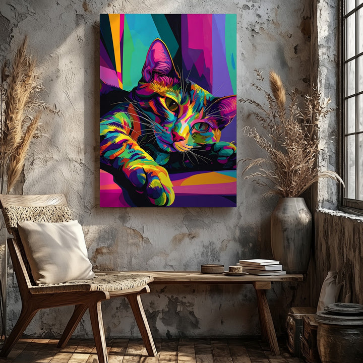 Pop Art Lounge Cat Canvas – Neon Colorful Feline Wall Art - Gifitto