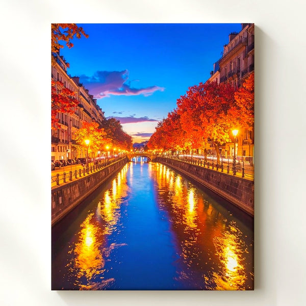 Autumn Canal Canvas – Romantic European Waterway with Colorful Foliage