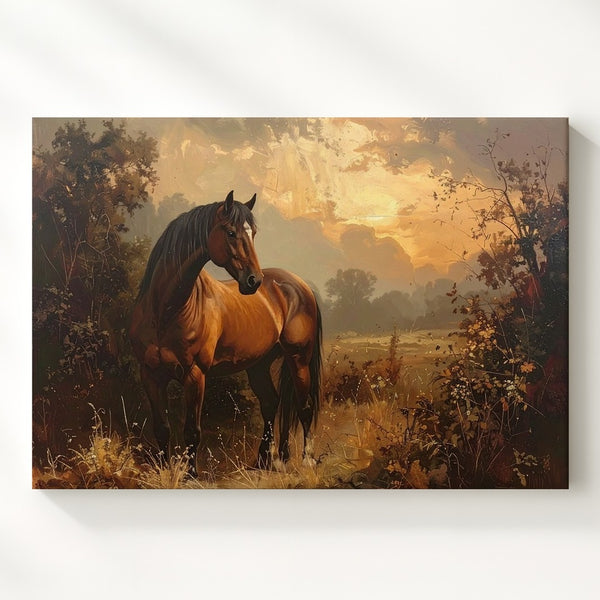 Solitary Brown Horse Canvas – Traditional Country Sunset Art - Gifitto