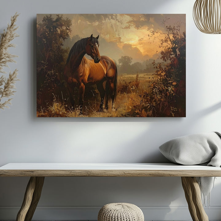 Solitary Brown Horse Canvas – Traditional Country Sunset Art - Gifitto
