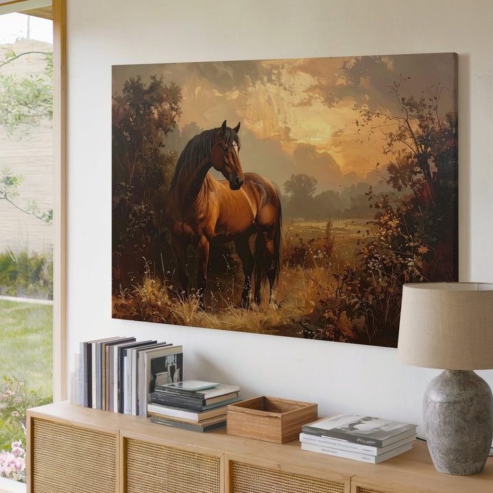 Solitary Brown Horse Canvas – Traditional Country Sunset Art - Gifitto