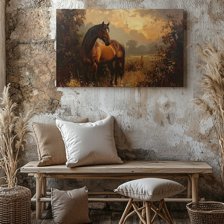 Solitary Brown Horse Canvas – Traditional Country Sunset Art - Gifitto