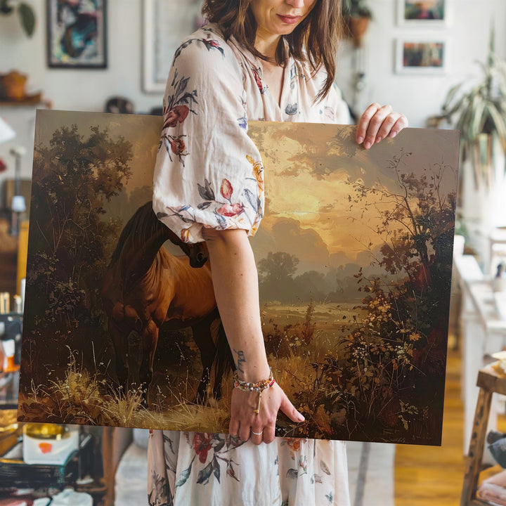 Solitary Brown Horse Canvas – Traditional Country Sunset Art - Gifitto