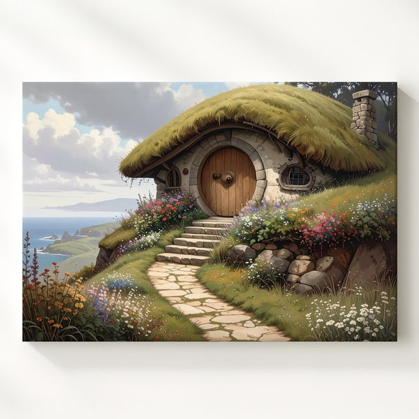 Hobbit Home Countryside Canvas – Whimsical Cottage in Grassy Hill Art - Gifitto