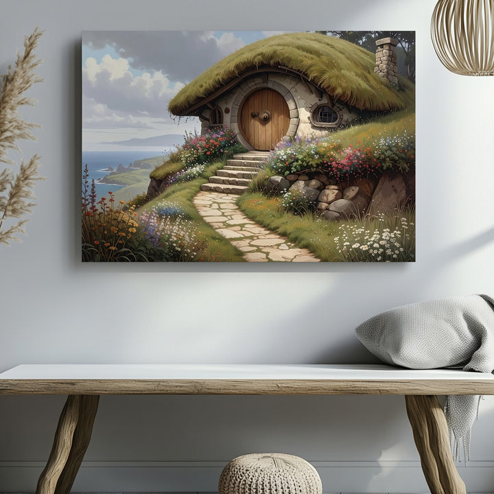 Hobbit Home Countryside Canvas – Whimsical Cottage in Grassy Hill Art - Gifitto