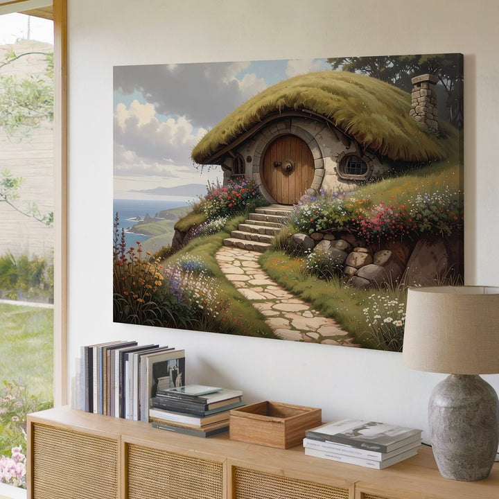 Hobbit Home Countryside Canvas – Whimsical Cottage in Grassy Hill Art - Gifitto